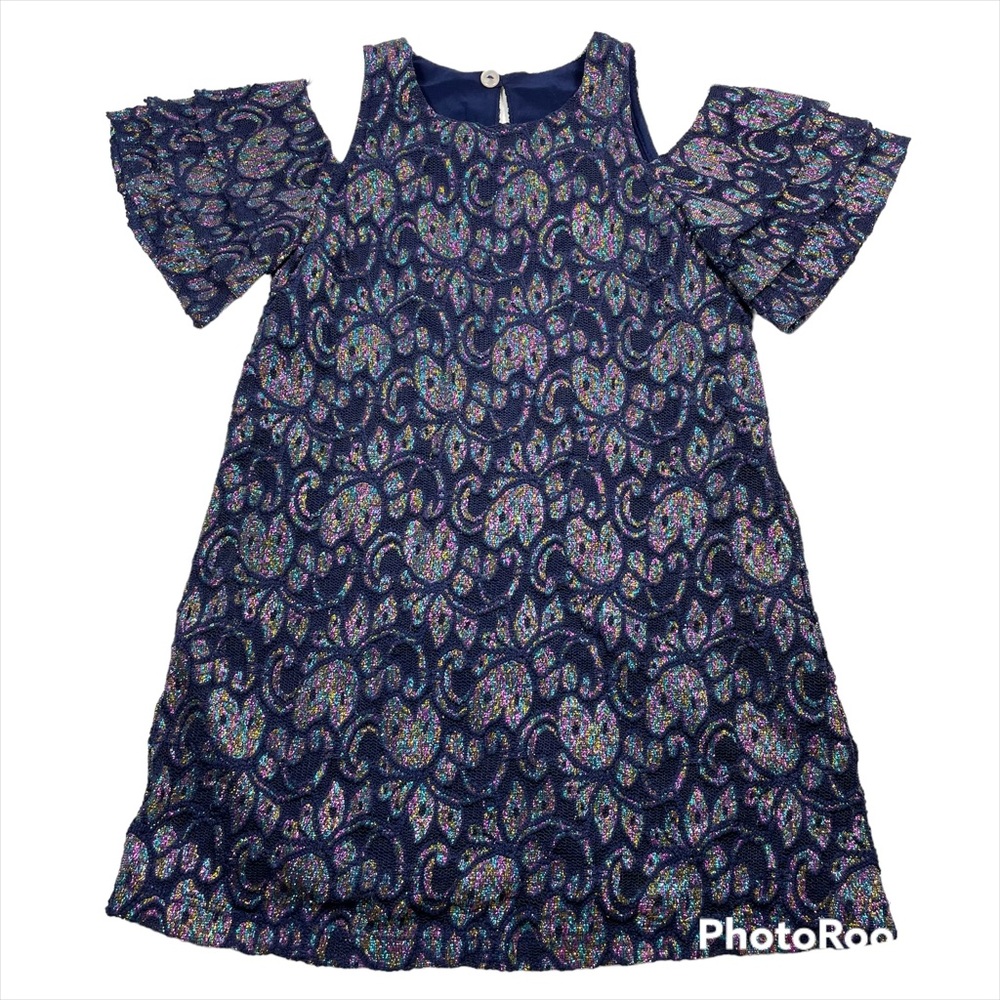 NWOT rainbow glittery blue lace cold shoulder A-line dress size 3T